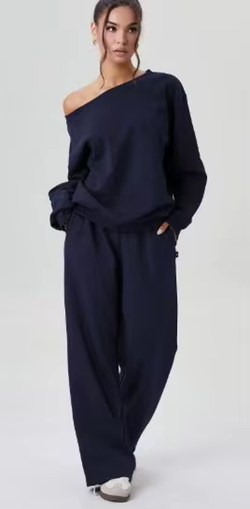 Women'S Leisure Solid Color Sloping Shoulder Long Sleeve Top & Wide Leg Trousers Co-Ord, Cozy Scoop Neck Loose Outfits Outwear