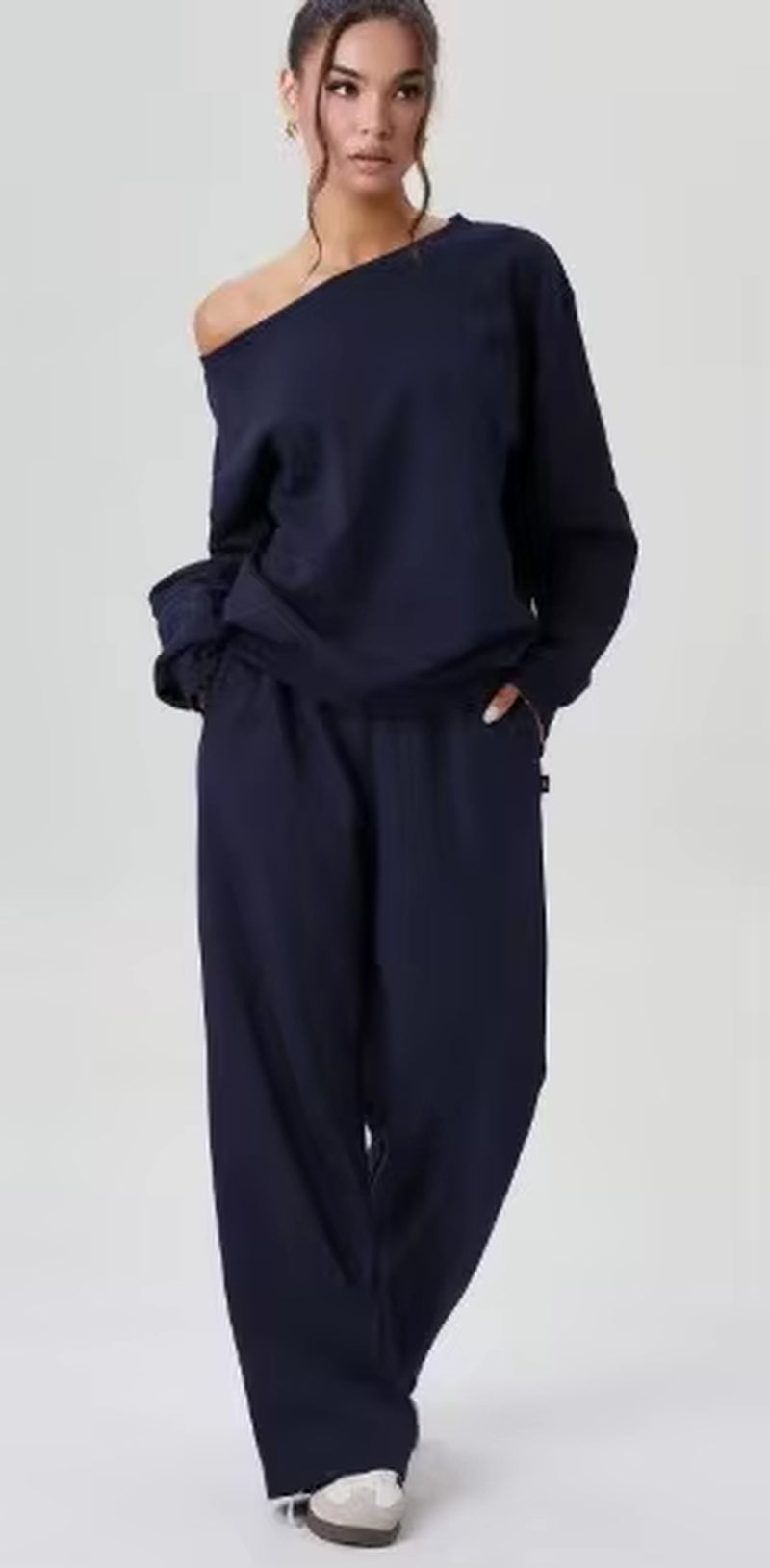 Women'S Leisure Solid Color Sloping Shoulder Long Sleeve Top & Wide Leg Trousers Co-Ord, Cozy Scoop Neck Loose Outfits Outwear