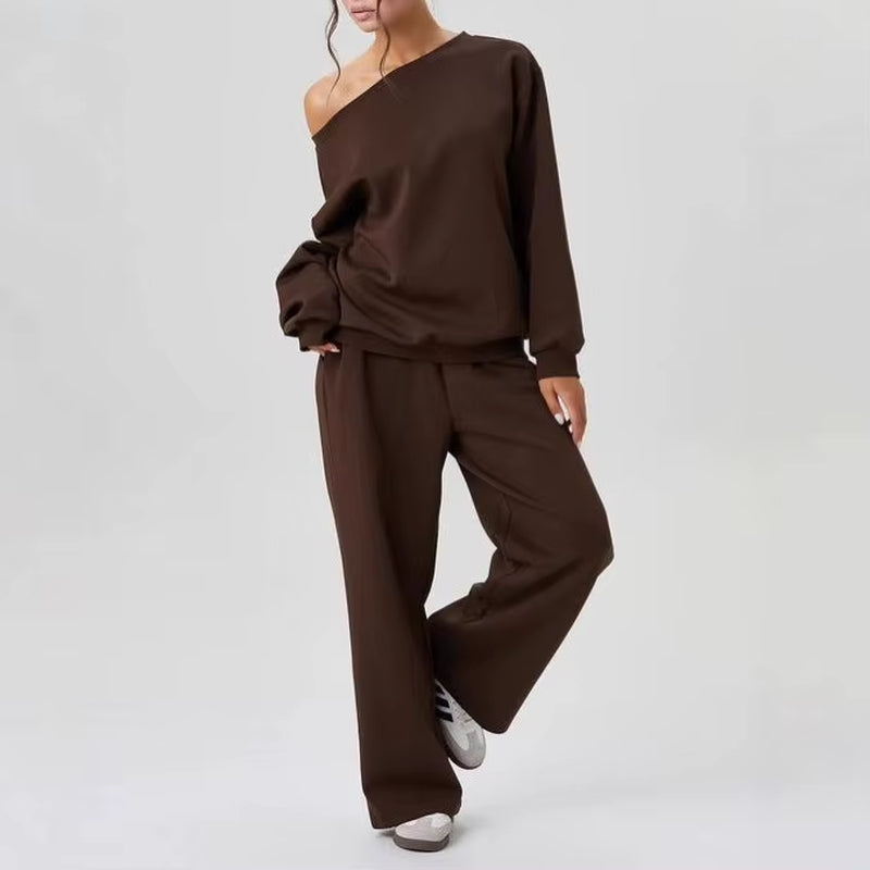 Women'S Leisure Solid Color Sloping Shoulder Long Sleeve Top & Wide Leg Trousers Co-Ord, Cozy Scoop Neck Loose Outfits Outwear
