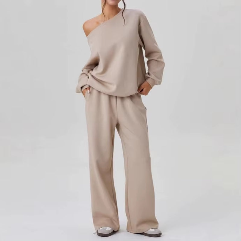 Women'S Leisure Solid Color Sloping Shoulder Long Sleeve Top & Wide Leg Trousers Co-Ord, Cozy Scoop Neck Loose Outfits Outwear
