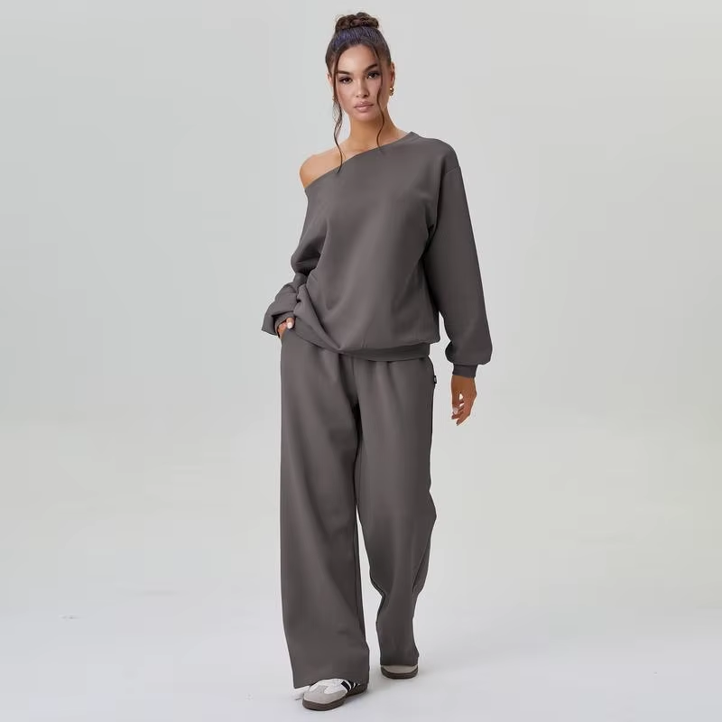 Women'S Leisure Solid Color Sloping Shoulder Long Sleeve Top & Wide Leg Trousers Co-Ord, Cozy Scoop Neck Loose Outfits Outwear