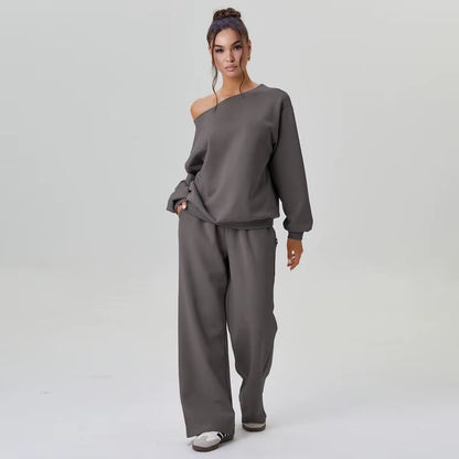 Women'S Leisure Solid Color Sloping Shoulder Long Sleeve Top & Wide Leg Trousers Co-Ord, Cozy Scoop Neck Loose Outfits Outwear