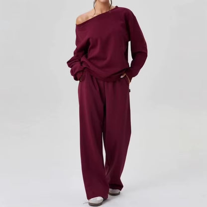 Women'S Leisure Solid Color Sloping Shoulder Long Sleeve Top & Wide Leg Trousers Co-Ord, Cozy Scoop Neck Loose Outfits Outwear